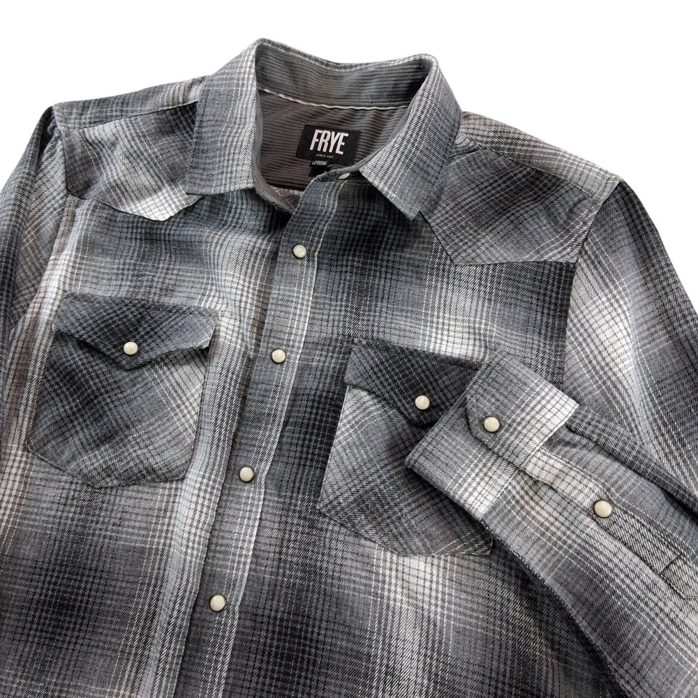 Frye Western Pearl Snap Shirt Mens Medium Gray Plaid Pearl Flannel Soft Gotton